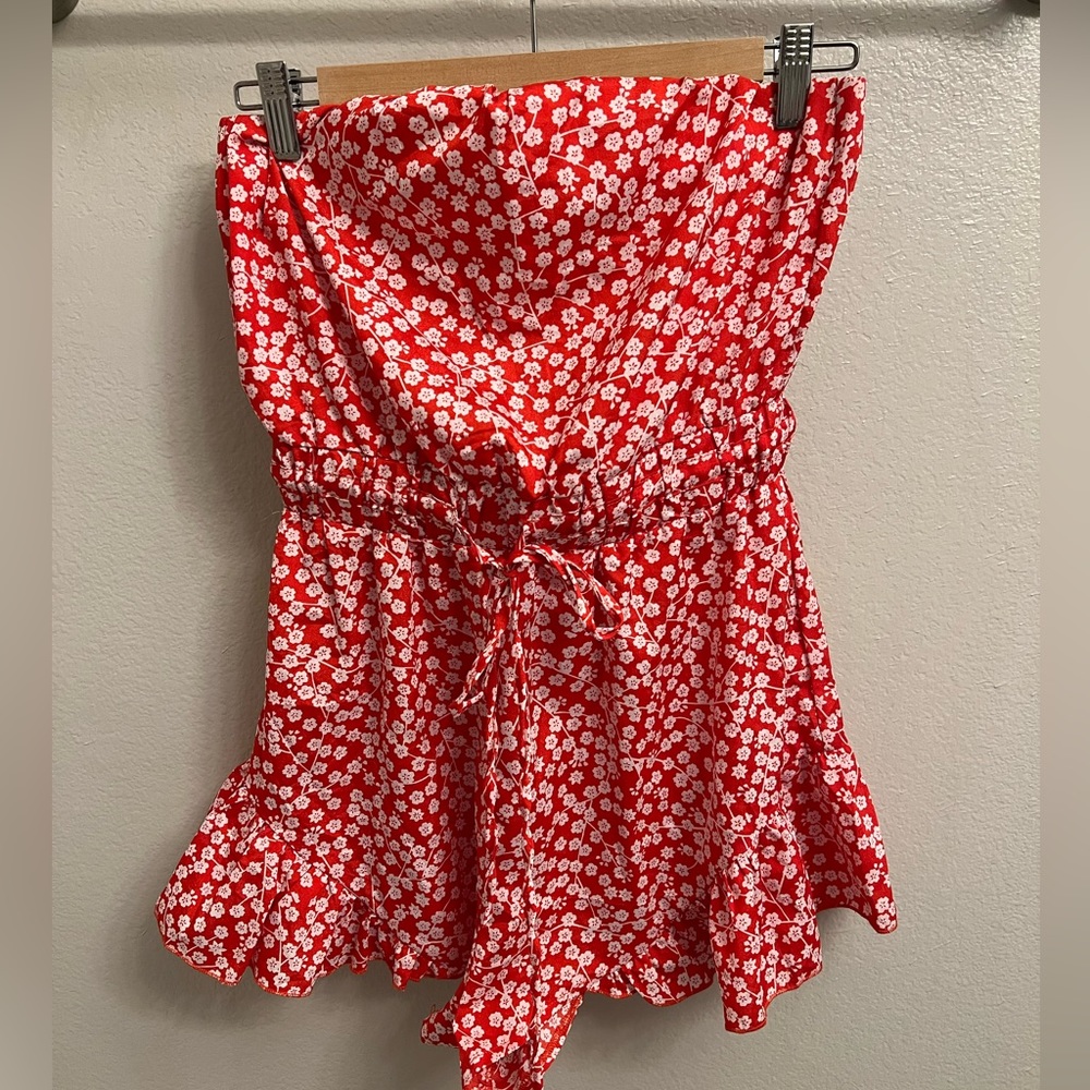 Princess Polly Vinca Red and White Floral Strapless Romper